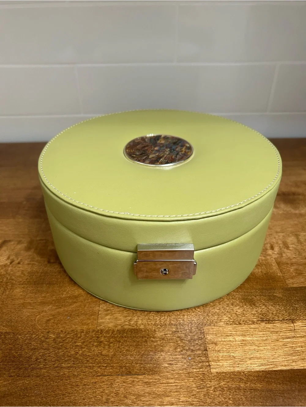 Leather Olive Green Round Jewelry Organizer Case with Mirror